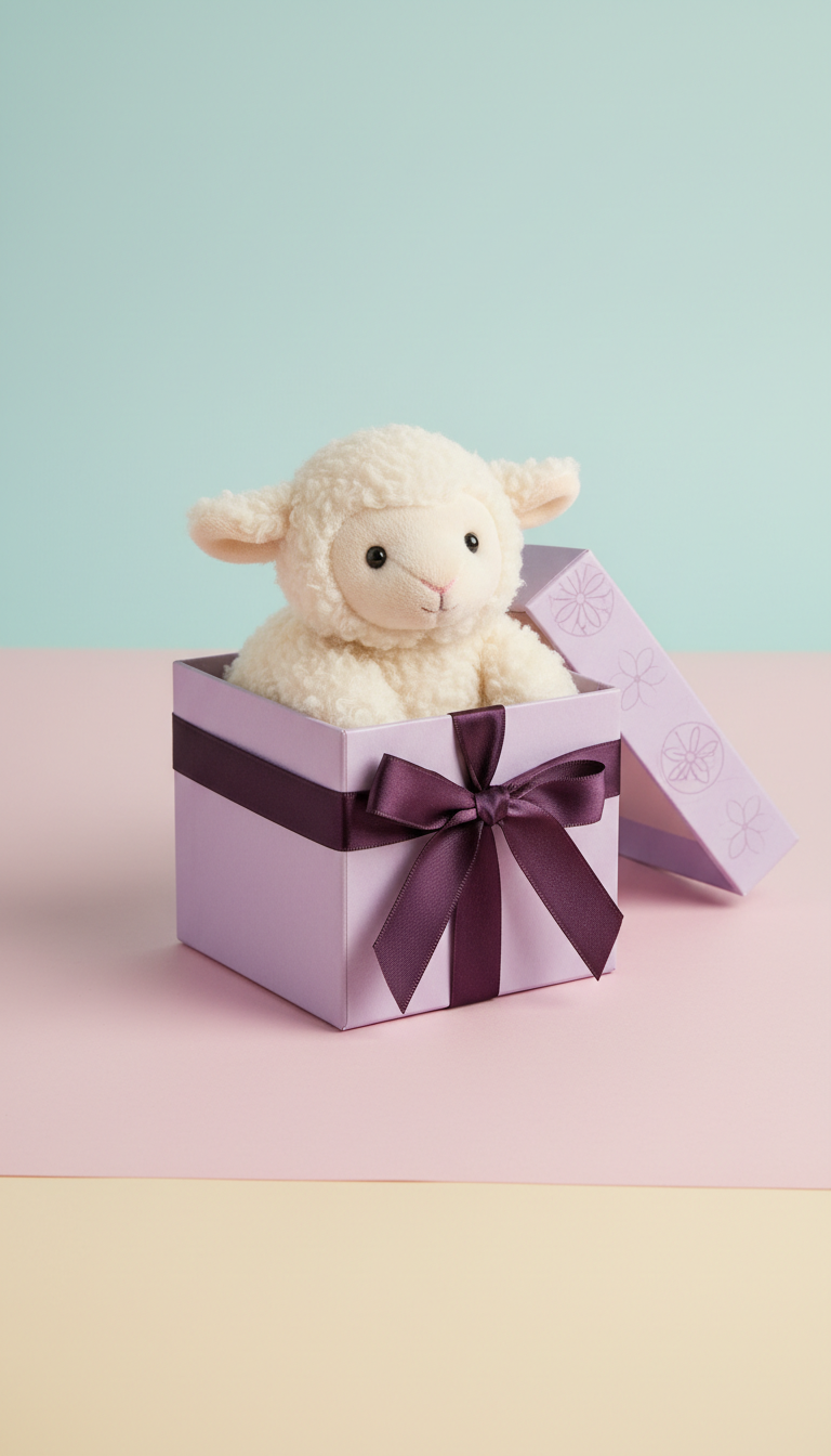 Plüschlamm in pastellfarbener Geschenkbox mit Johannisbeerband